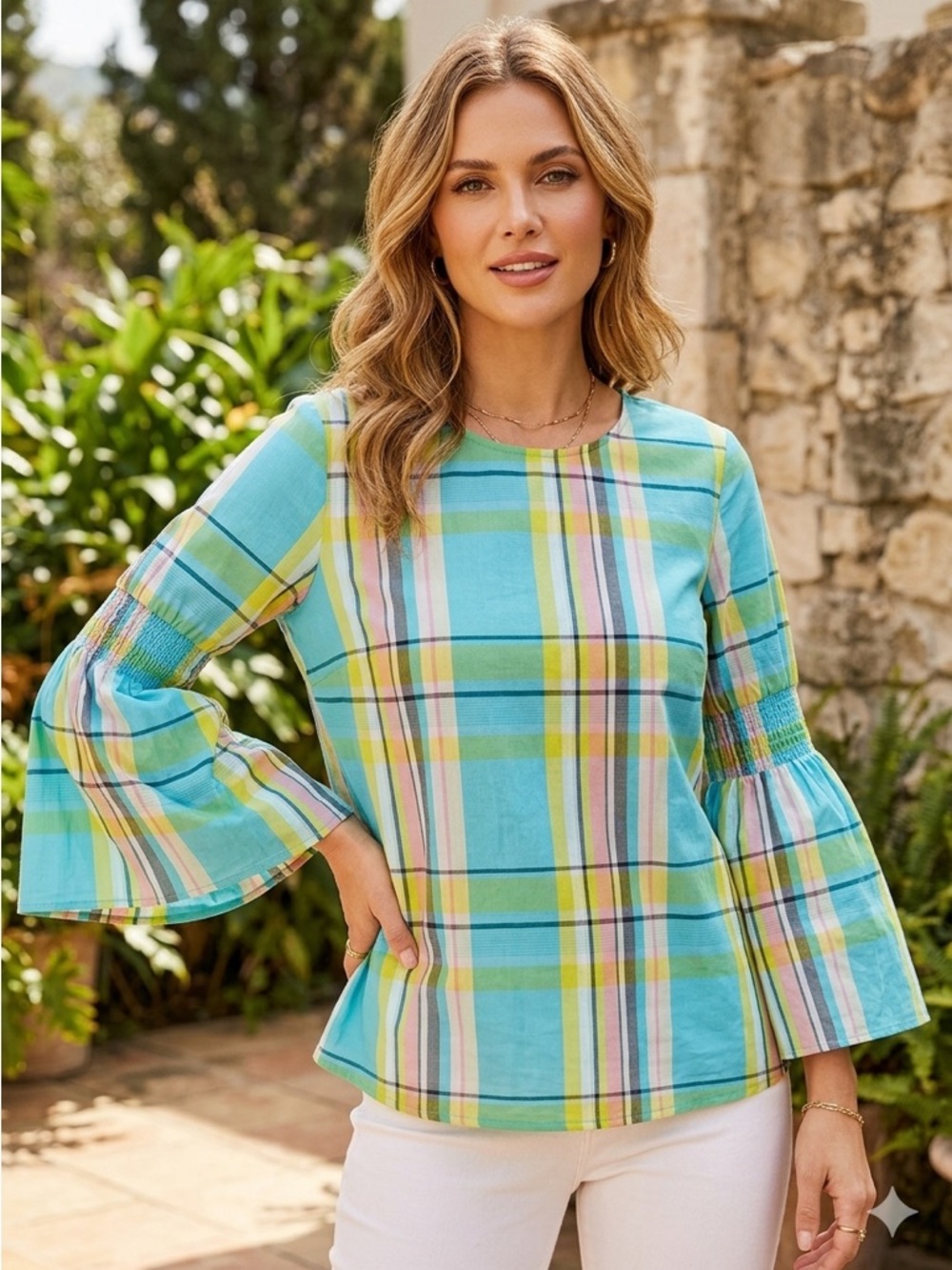 Crown & Ivy Plaid Bell Sleeve Blouse - Blue and Yellow